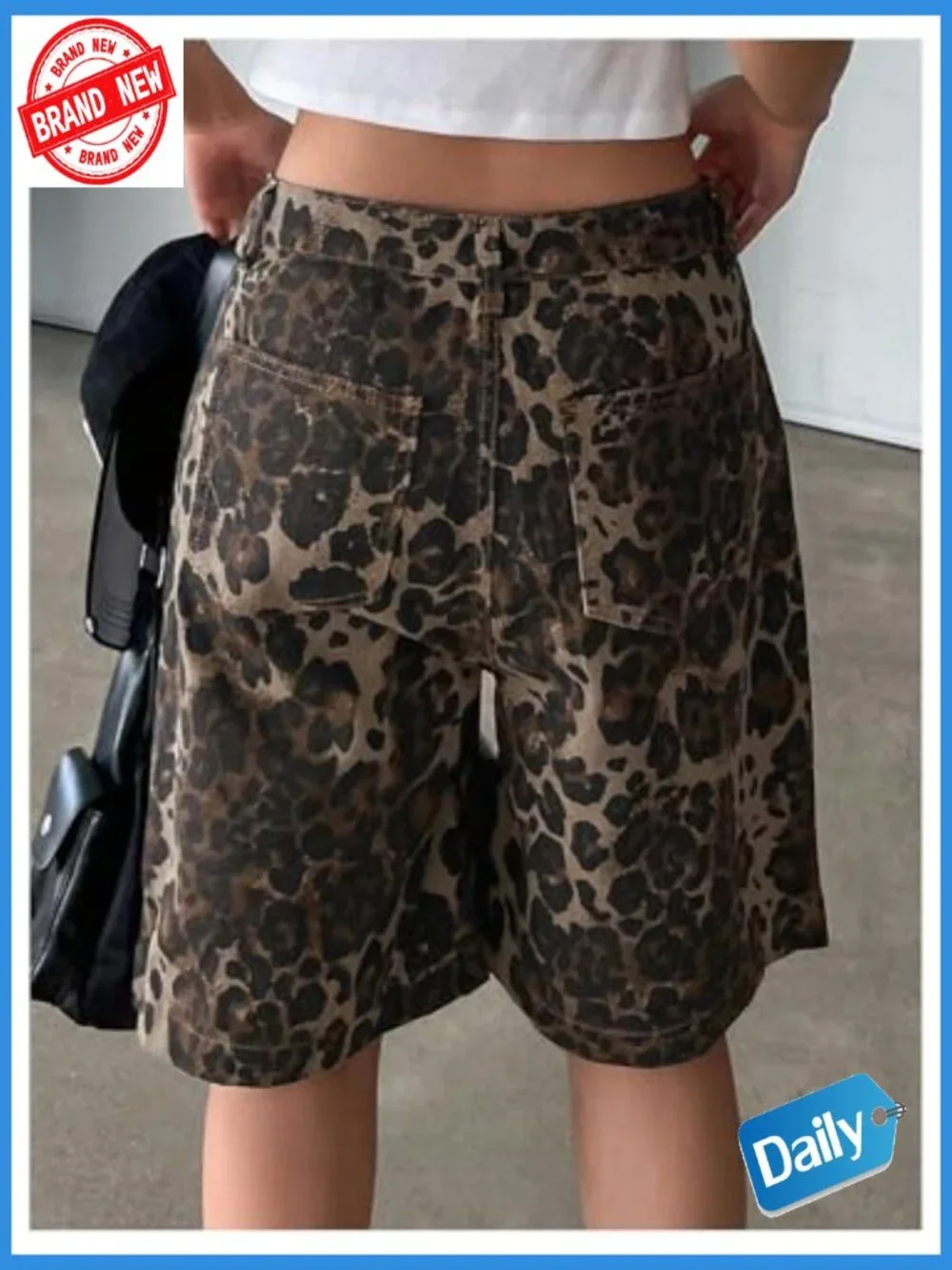 High Waisted Leopard Print Denim Bermuda Shorts Wide Leg Baggy Cargo